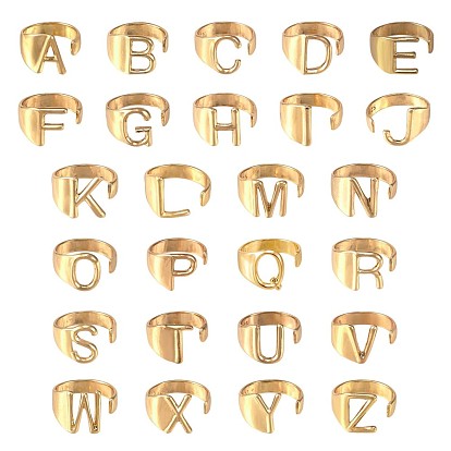 26Pcs 26 Style Alloy Alphabet Open Cuff Rings, Intial Letter A~Z Chunky Rings for Women