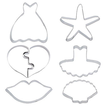 6 Style 304 Stainless Steel Cookie Cutters, Cookies Moulds, DIY Biscuit Baking Tool, Heart & Stars & Scallop Shell & Lip & Dress