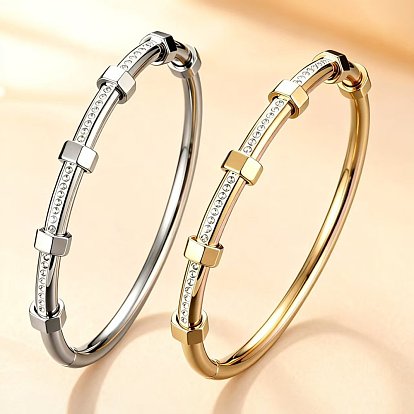 304 Stainless Steel Micro Pave Clear Cubic Zirconia Hexagon Hinged Cuff Bangles for Women