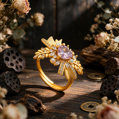 Brass Pave Lilac Cubic Zirconia Cuff Open Rings, Flower with Heart