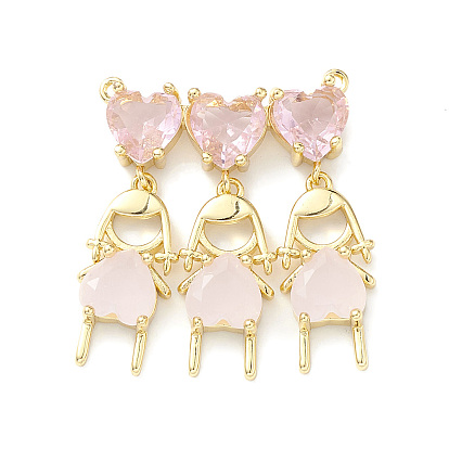 Rack Plating Brass Pendant, with Pink Glass, Lead Free & Cadmium Free, Triple Girl Charms