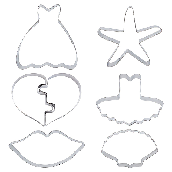 6 Style 304 Stainless Steel Cookie Cutters, Cookies Moulds, DIY Biscuit Baking Tool, Heart & Stars & Scallop Shell & Lip & Dress