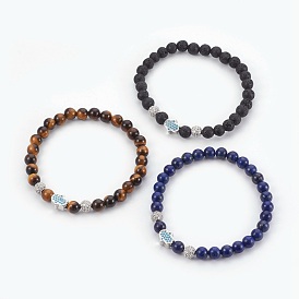 Natural Mixed Stone Beads Stretch Bracelets, with Brass Micro Pave Cubic Zirconia Beads