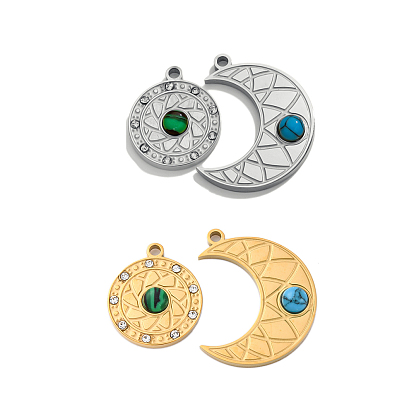 2 шт. 2 стили подвески из окрашенной синтетической бирюзы и малахита, обереги луны и звезд, с 304 установками из нержавеющей стали