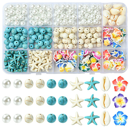 Наборы фурнитуры из синтетического хаулита, магнезита, бирюзы, стеклянного жемчуга, ракушек каури и полимерной глины