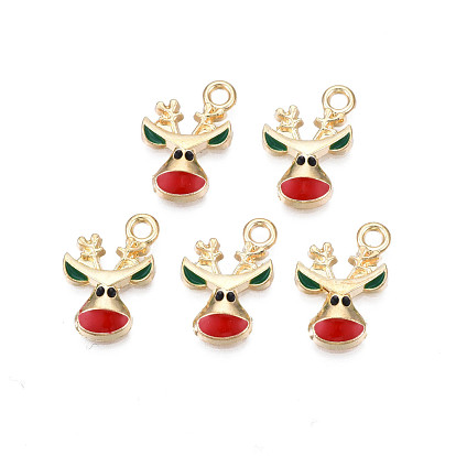 Rack Plating Alloy Enamel Pendants, Cadmium Free & Nickel Free & Lead Free, Light Gold, Christmas Reindeer/Stag