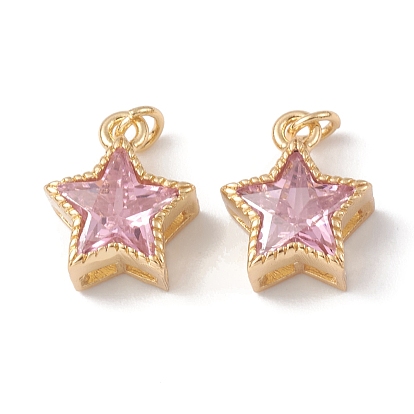 Rack Plating Brass with Cubic Zirconia Charms, Star Charm, Cadmium Free & Lead Free, with Jump Ring, Real 18K Gold Plated