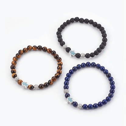 Natural Mixed Stone Beads Stretch Bracelets, with Brass Micro Pave Cubic Zirconia Beads