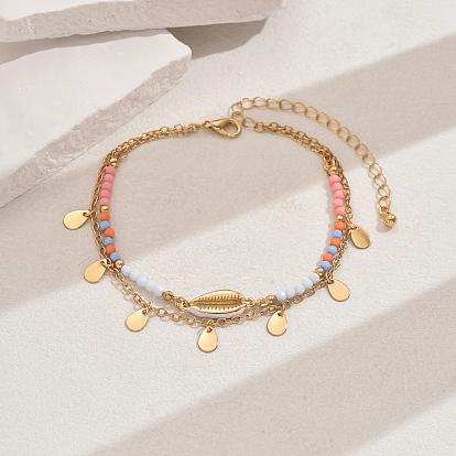 Браслеты на ногу с кисточками из пластика, круглой бусиной и латунной ракушкой, двухслойные, в форме капли, для женщин, красочный