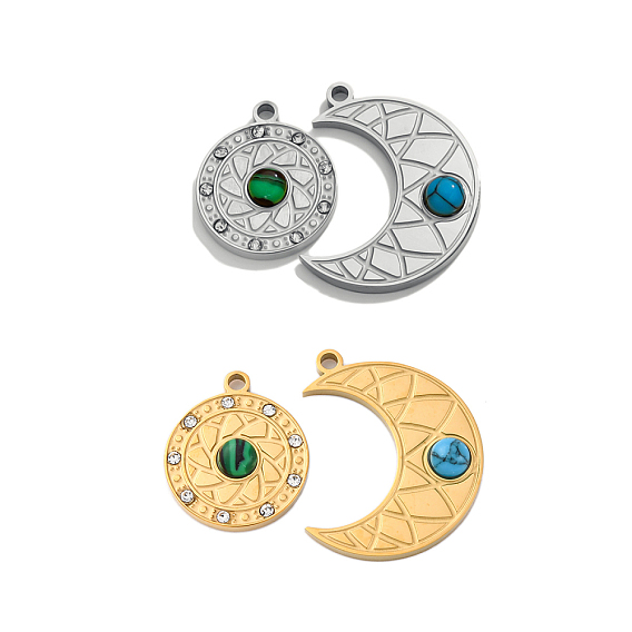2 шт. 2 стили подвески из окрашенной синтетической бирюзы и малахита, обереги луны и звезд, с 304 установками из нержавеющей стали