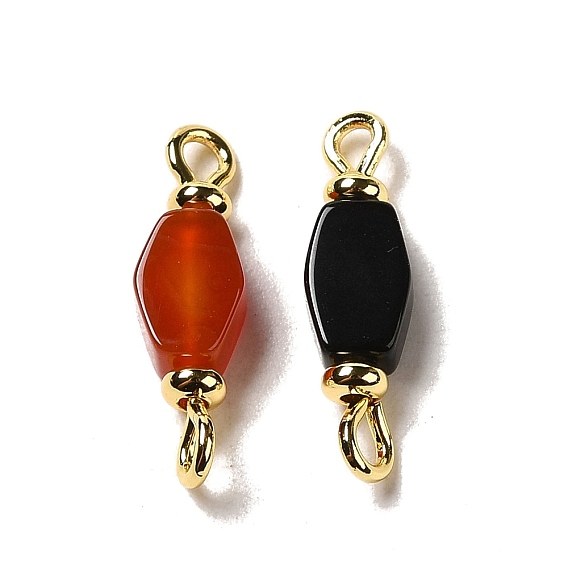 Natural Agate Connector Charms, Hexagon Links with Golden Brass Loops