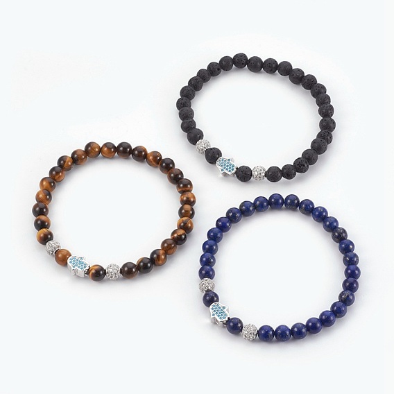 Natural Mixed Stone Beads Stretch Bracelets, with Brass Micro Pave Cubic Zirconia Beads