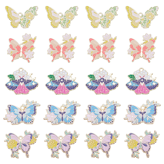 20 шт 5 стили подвески из сплава эмали, золотые, бабочка с цветочным шармом
