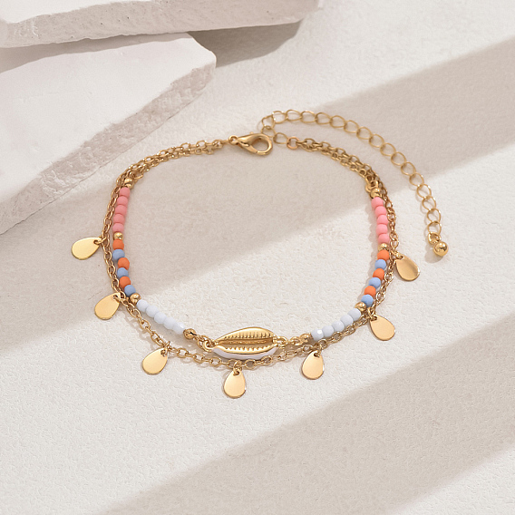 Браслеты на ногу с кисточками из пластика, круглой бусиной и латунной ракушкой, двухслойные, в форме капли, для женщин, красочный