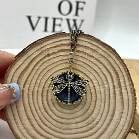 Bohemian Flat Round with Dragonfly Pattern Alloy Dark Cyan Glass Pendant Necklaces for Women