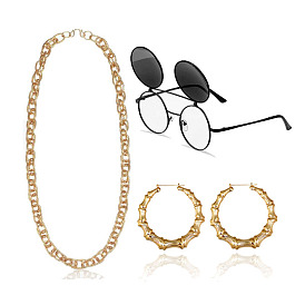 Bold Metal Bamboo Hoop Earrings and Necklace Set with Western Style Charm