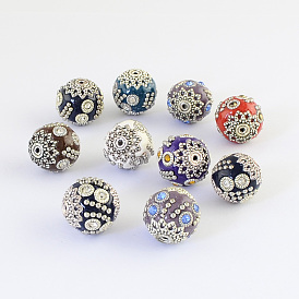 Round Handmade Indonesia Beads, with Rhinestones and Alloy Cores, Antique Silver