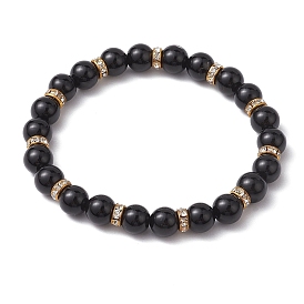 8mm Round Natural Black Onyx(Dyed & Heated) Beaded Stretch Bracelets for Women, Brass Rhinestone Bracelets