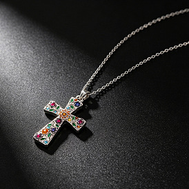 Collares con colgante de cruz floral de aleación, pedrería y esmalte para mujer, colorido