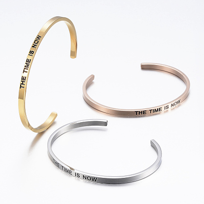 304 Stainless Steel Inspirational Cuff Bangles, with Enamel & Word Word The Time Is Now