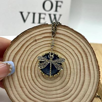 Bohemian Flat Round with Dragonfly Pattern Alloy Dark Cyan Glass Pendant Necklaces for Women