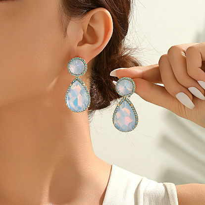 Alloy & Rhinestone Flat Round Stud Earrings, Glass Teardrop Earrings for Women
