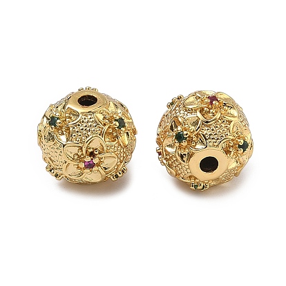 Латунные микро проложить кубического циркония бусы, круглые с цветочным узором, без кадмия и без свинца, стойки покрытие
