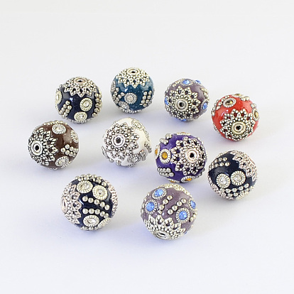 Round Handmade Indonesia Beads, with Rhinestones and Alloy Cores, Antique Silver
