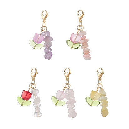Chip Natural Gemstone Pendant Decoraiton, with Handmade Lampwork Beads and 304 Stainless Steel Lobster Claw Clasps, Tulip