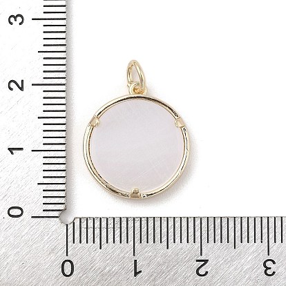Brass Micro Pave Clear Cubic Zirconia Pendants, with Natural White Shell and Jump Ring, Real 18K Gold Plated, Flat Round