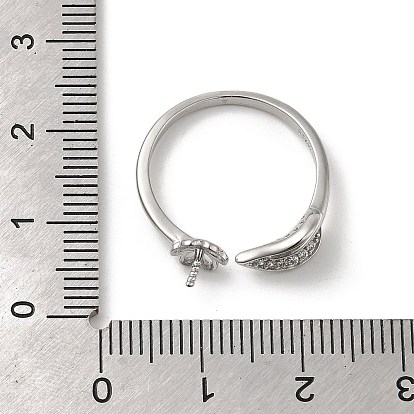 Hoja chapada en rodio 925 configuración de anillo abierto con micro pavé de circonita cúbica en plata de ley, por medio perforó perlas, con sello s925