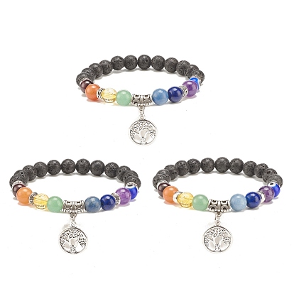 3Pcs 3 Style Natural Lava Rock & Mixed Stone Stretch Bracelets Set with Lampwork Evil Eye, 7 Chakra Bracelets with Alloy Tree of Life Charms for Women