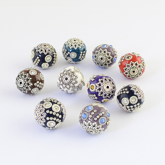 Runde Perlen mit handgefertigten Indonesien, mit Strass und Legierungskerne, Antik Silber Farbe