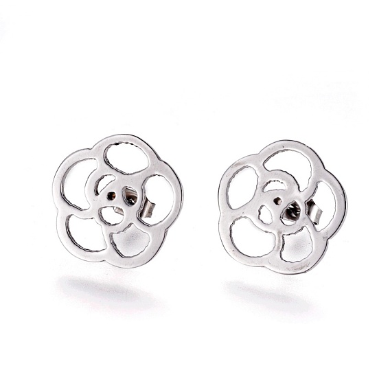 304 Stainless Steel Stud Earrings, Hypoallergenic Earrings, with Ear Nuts/Earring Back, Flower