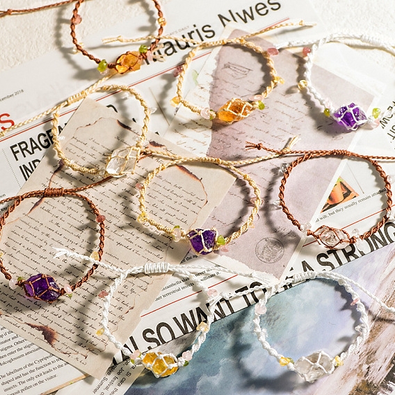 Браслет из плетеных бусин с драгоценными камнями, регулируемый браслет из вощеного полиэфирного шнура