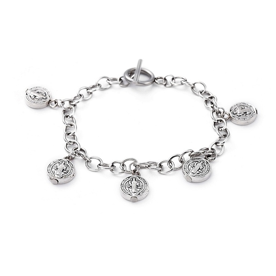 Religion Alloy Charm Bracelets, with 304 Stainless Steel Chains and Toggle Clasps, Flat Round with Saint Benedict Medal