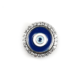 Sterling Silver European Beads, Large Hole Beads, with Cubic Zirconia and Enamel, Flat Round with Evil Eye, Platinum