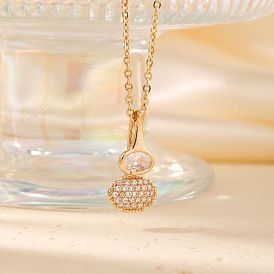 Brass Pave Clear Cubic Zirconia Gourd Shape Pendant Necklaces for Women, with Shell