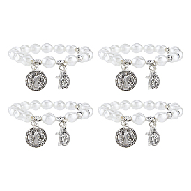 4Pcs Religious Alloy Beaded Charm Bracelets, Rosary Bracelets for Women, Cross & Saint Benedict & Virgin Mary, Antique Silver