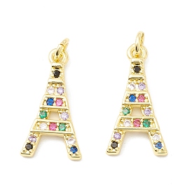 Rack Plating Brass Micro Pave Cubic Zirconia Pendants, Real 18K Gold Plated, Long-Lasting Plated, Tower