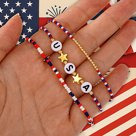 3 шт 3 стили день независимости стеклянные семена и смоляные бусины плетеный браслет набор для женщин, с латунной бисера