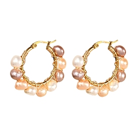 Vintage Natural Pearl Beads Earrings for Girl Women, 304 Stainless Steel Hoop Earrings, Golden