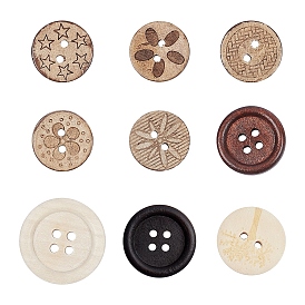 2-Hole/4-Hole Wooden Buttons, Flat Round, Mixed Pattern, Mixed Dyed and Undyed