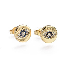 Brass Micro Pave Cubic Zirconia Stud Earrings, Flat Round with Evil Eye, Golden