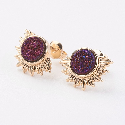 Electroplate Natural Druzy Agate Stud Earrings, with Brass Findings, Sun, Golden