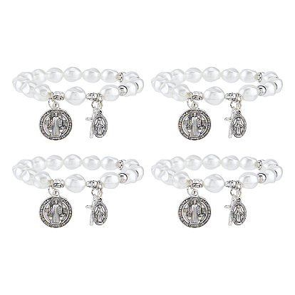 4Pcs Religious Alloy Beaded Charm Bracelets, Rosary Bracelets for Women, Cross & Saint Benedict & Virgin Mary, Antique Silver