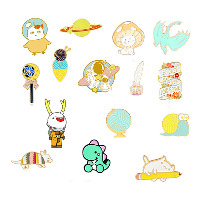 Cartoon Badge Set: Spaceship, Bee, Dinosaur, Bunny, Toothbrush & Trendy Alloy Pins