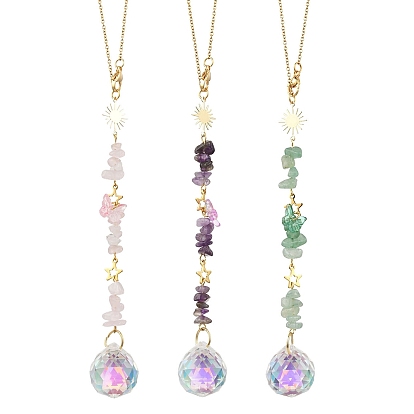 3 шт. круглых подвесных ловцов солнца из стекла, натурального аметиста, розового кварца и зеленого авантюрина, с 304 нержавеющей сталью, солнце и звезда