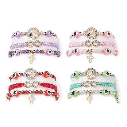 3Pcs 3 Style Resin Evil Eye Braided Bead Bracelets Set, Rhinestone Tree of Life & Infinity & Cross Stackable Bracelets for Women