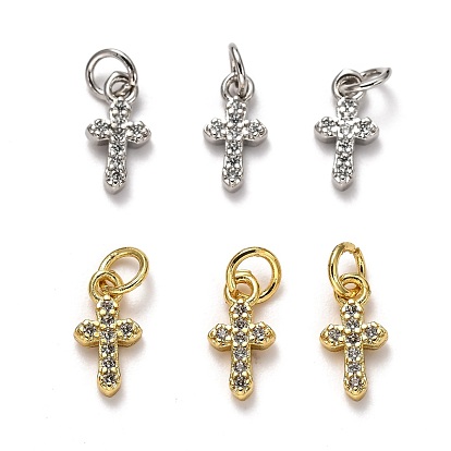 Brass Micro Pave Cubic Zirconia Tiny Cross Charms, with Jump Rings, Long-Lasting Plated